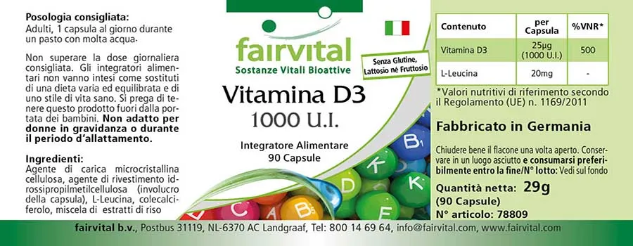 Vitamin D3 1000 I.E. - 90 Kapseln - für Immunsystem, Zellteilung, Muskelfunktion uvm. | Fairvital