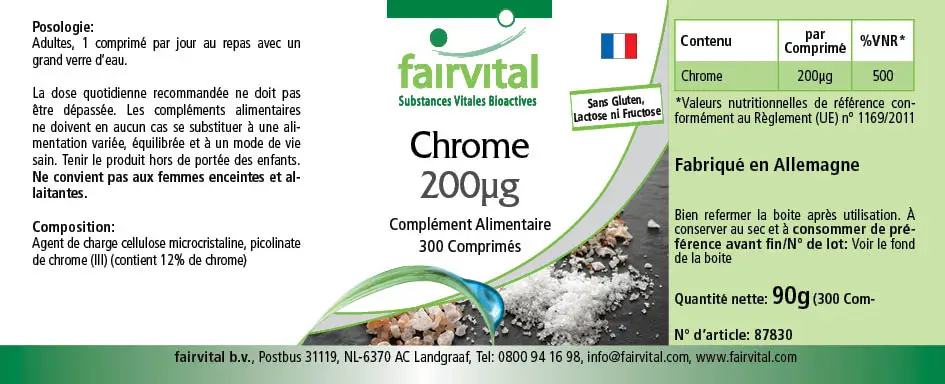 Chrom 200µg - 300 Tabletten - für Blutzuckerspiegel und Makronährstoff Stoffwechsel - Hochdosiert und Vegan | Fairvital