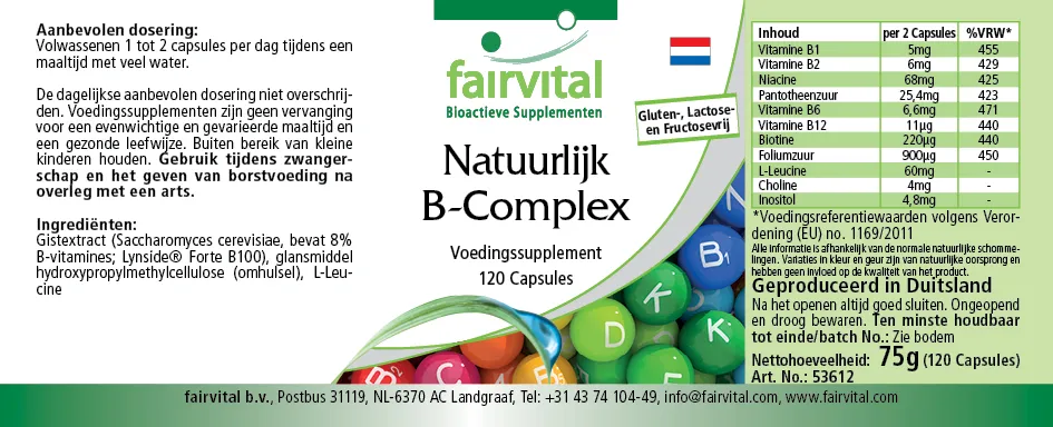 Natürlicher B-Komplex - 120 Kapseln - (B1, B6, B12...) - für Haare, Haut, Immunsystem, uvm. - Vegan | Fairvital