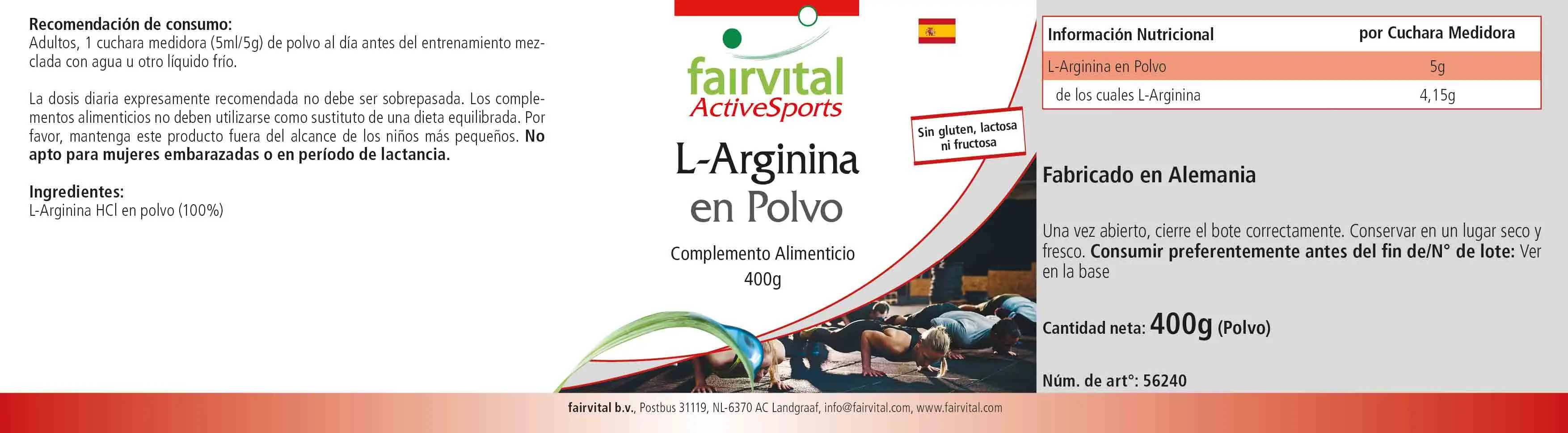 L-Arginin Pulver 400g - 100% pures L-Arginin HCL ohne Zusatzstoffe - Vegan | Fairvital