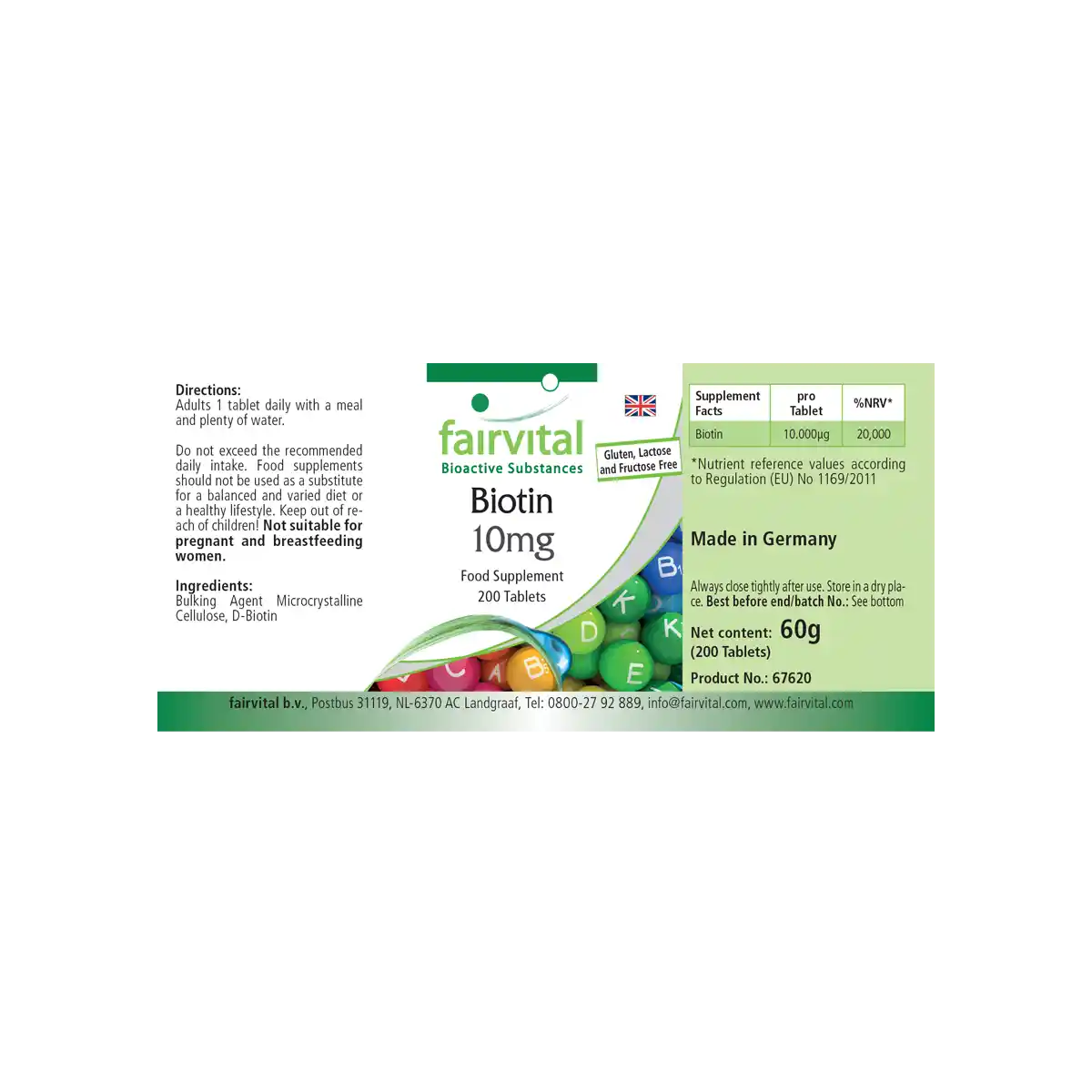 Biotin 10mg  - 200 Tabletten - mit 10000mcg Vitamin B7 pro Tablette -  für Haare, Haut, und Nervensystem - Hochdosiert und Vegan | Fairvital
