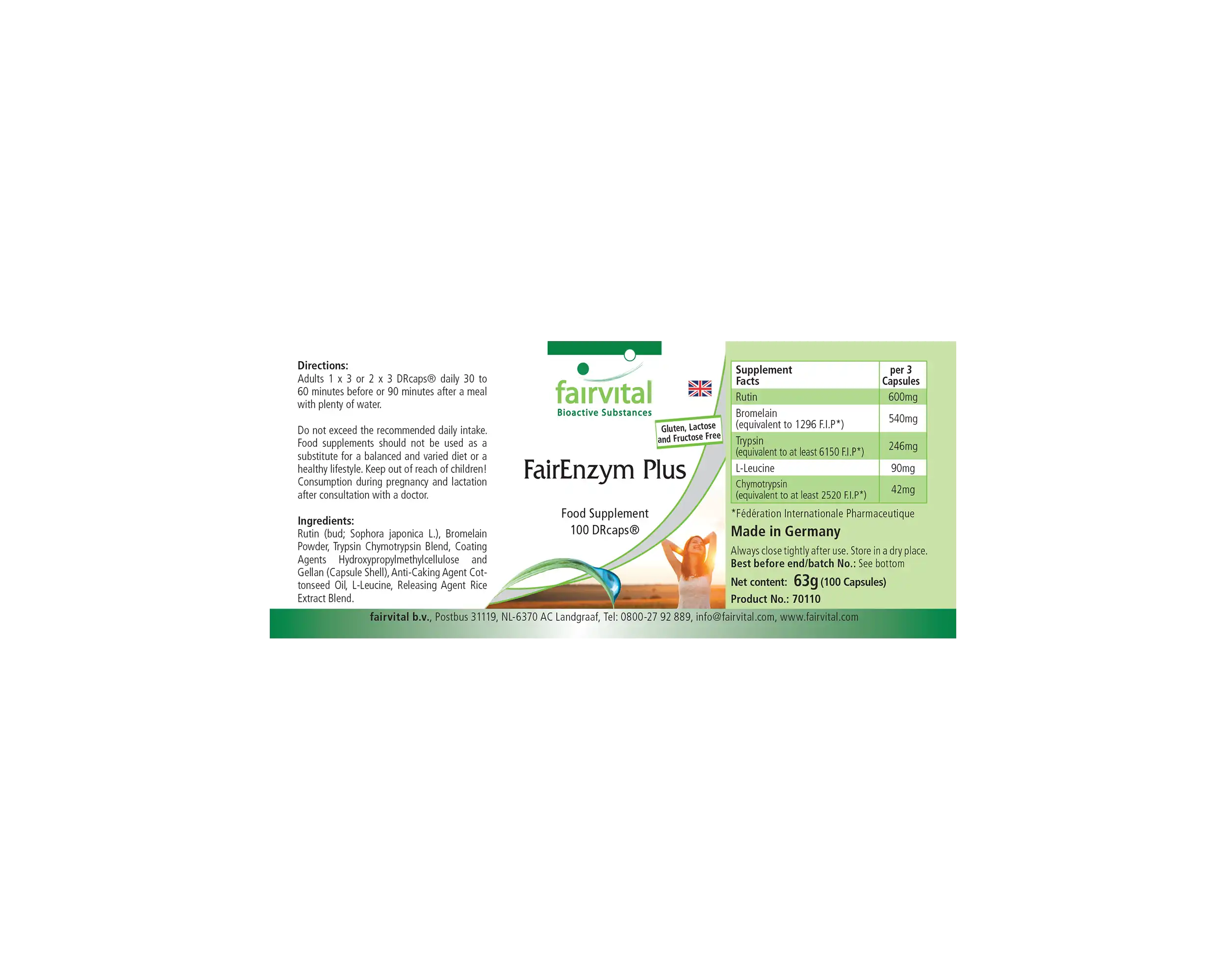 FairEnzym Plus - 100 DRCaps™ - Multi Enzym Komplex - mit Rutosid, Bromelain, Trypsin & Chymotrypsin - Hochdosiert | Fairvital