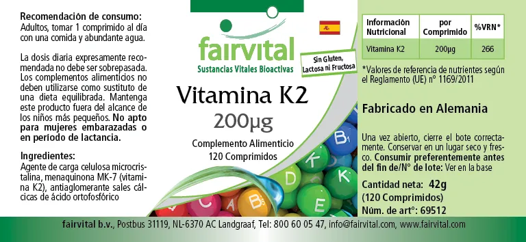 Vitamin K2 200µg - 120 Tabletten - für Knochen, Blutgerinnung - Hochdosiert und Vegan | Fairvital