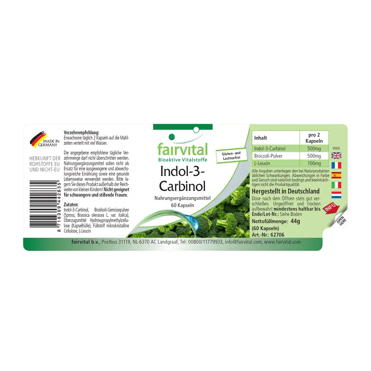 Indol-3-Carbinol - 60 Kapseln - I3C Kapseln mit Brokkoli-Pulver - Hochdosiert und Vegan | Fairvital