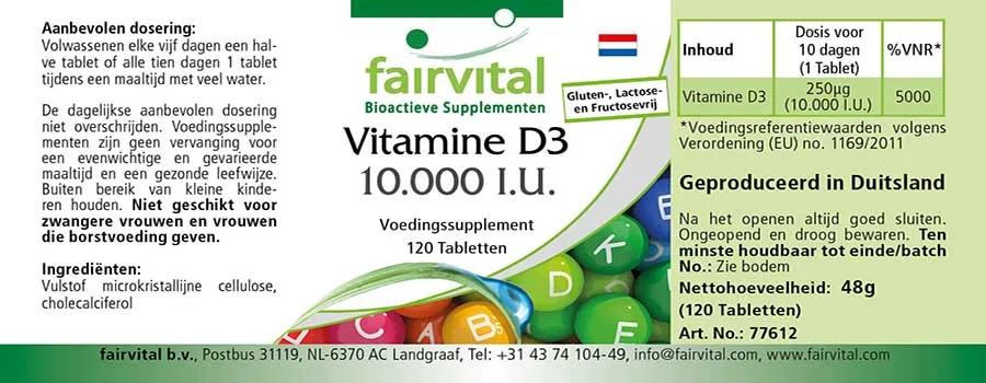 Vitamin D3 10000 I.E. - 120 Tabletten - für Immunsystem, Zellteilung, Muskeln uvm. | Fairvital