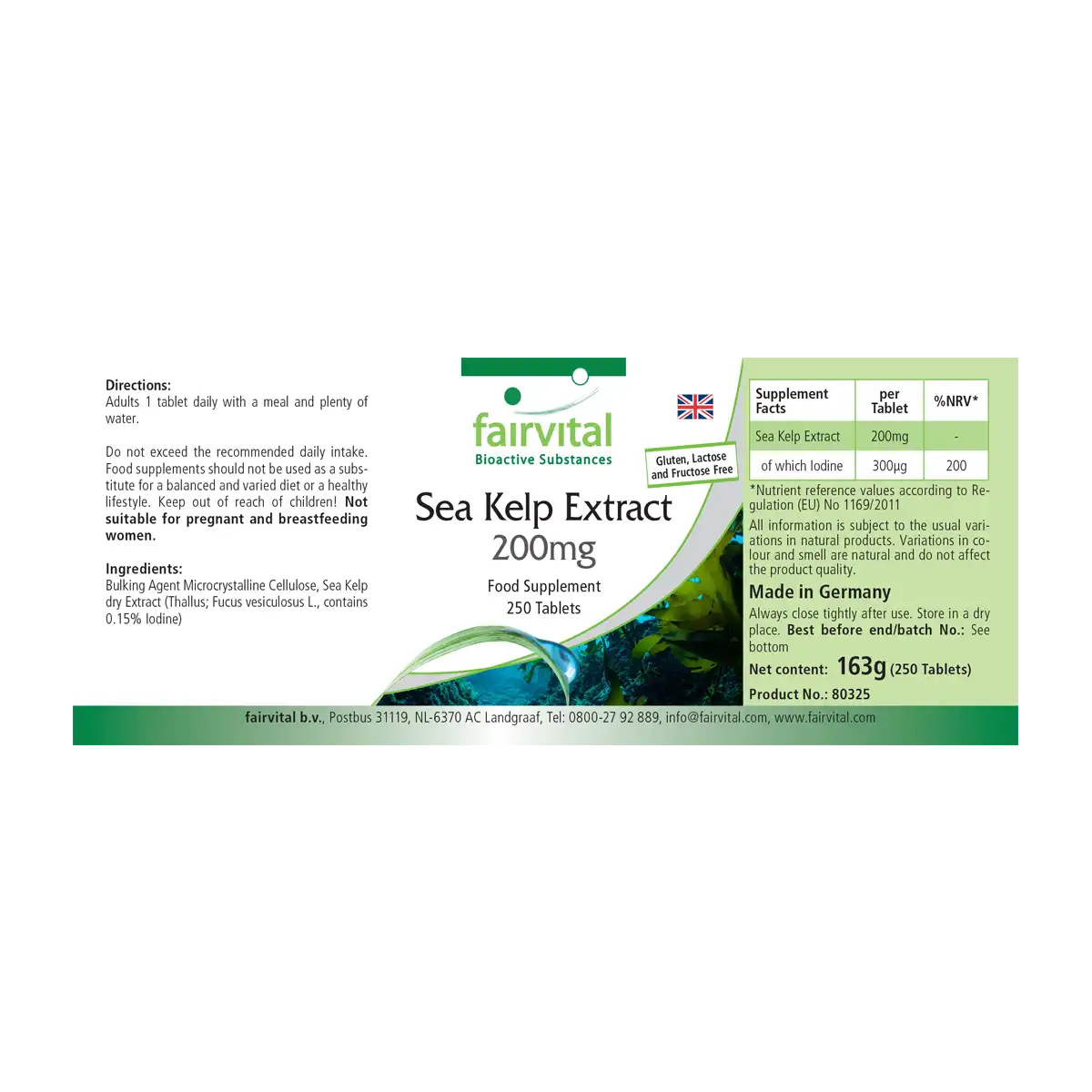 Kelp-Extrakt 200mg – 250 Tabletten – natürliches Jod - für Schilddrüse, Haut, Nervensystem uvm. | Fairvital