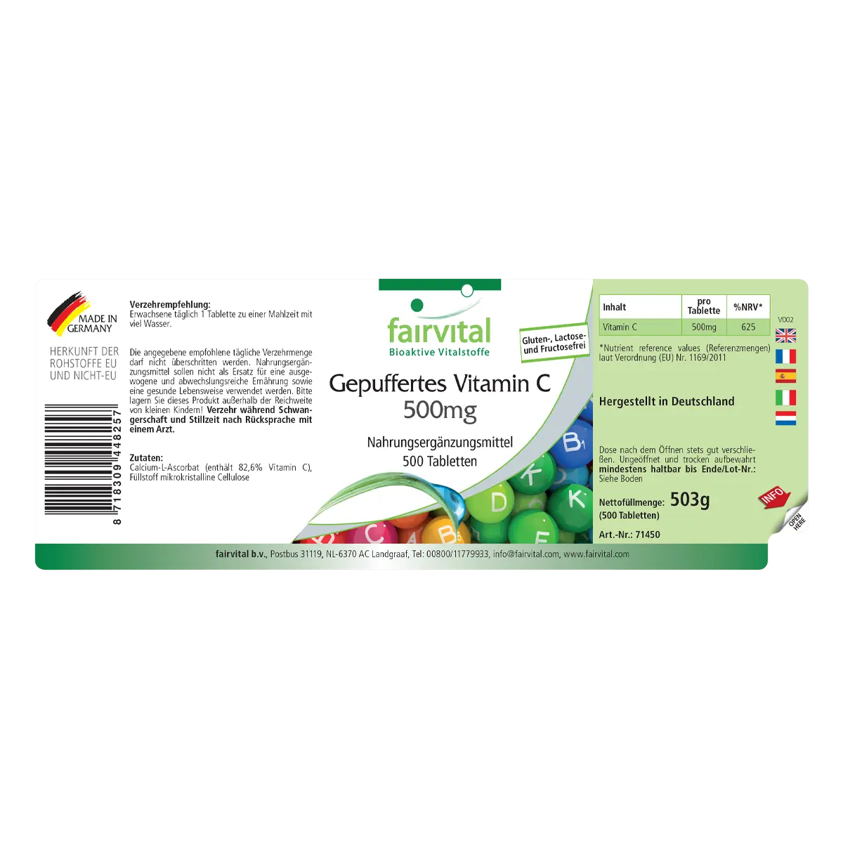 Gepuffertes Vitamin C 500mg - 500 Tabletten - für Immunsystem, Kollagenbildung, uvm. - Vegan | Fairvital