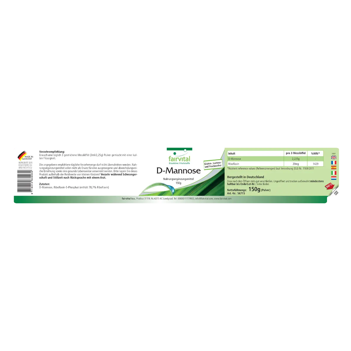 D-Mannose Pulver 150g mit Vitamin B2 Riboflavin - für Haut, Sehkraft uvm. - Hochdosiert und Vegan | Fairvital