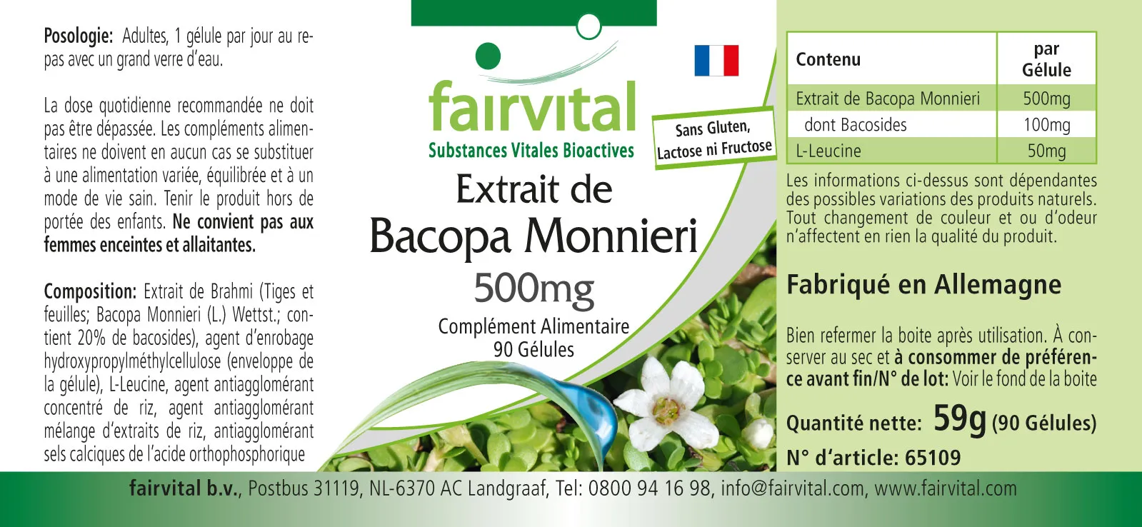 Bacopa Monnieri Extrakt 500mg - Brahmi Kapseln - mit 20% Bacoside - 90 Kapseln - Hochdosiert und Vegan | Fairvital