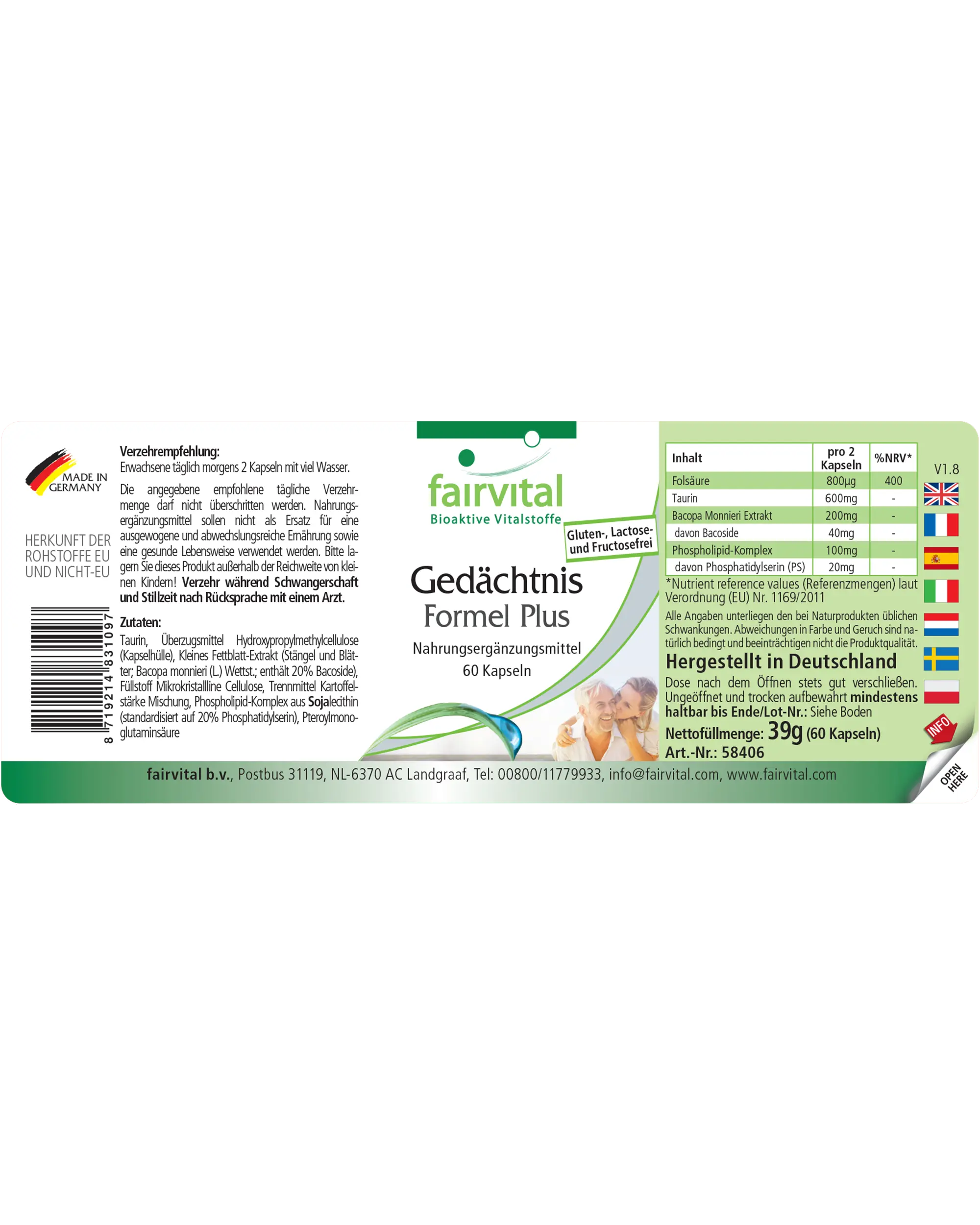 Gedächtnis Formel Plus - 60 Kapseln - mit Brahmi (Bacopa Monnieri), Ginkgo uvm. - Hochdosiert und Vegan | Fairvital
