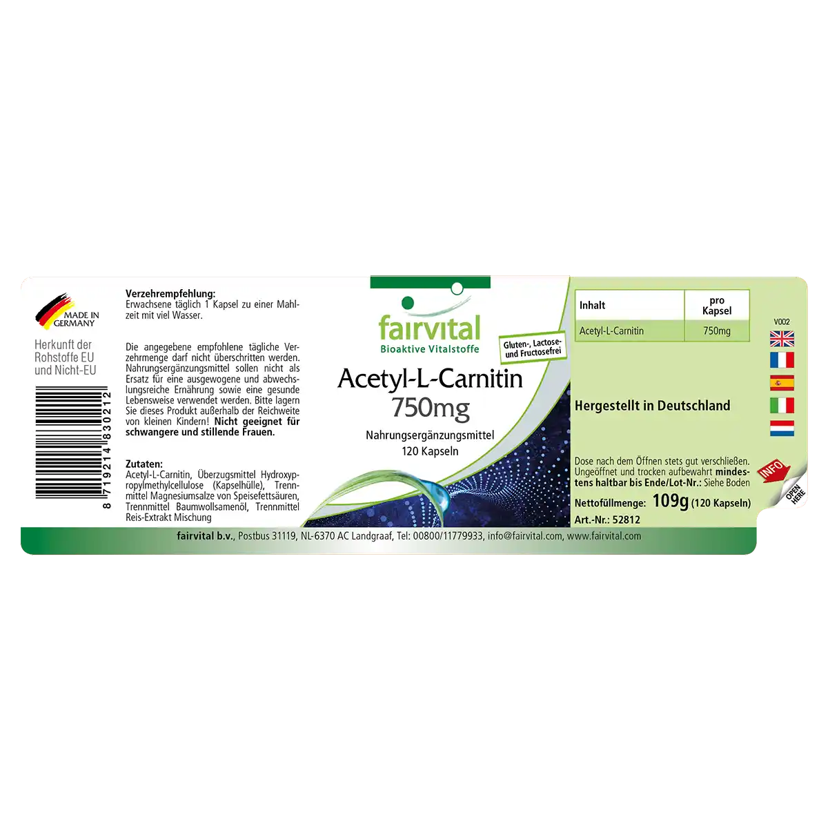 Acetyl-L-Carnitin 750mg - 120 Kapseln - Hochdosiert und Vegan | Fairvital