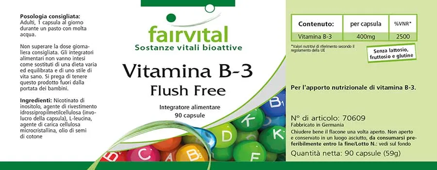 Vitamin B-3 Flush Free - 90 Kapseln - für Haut, Nervensystem, Energiestoffwechsel uvm. - Vegan | Fairvital