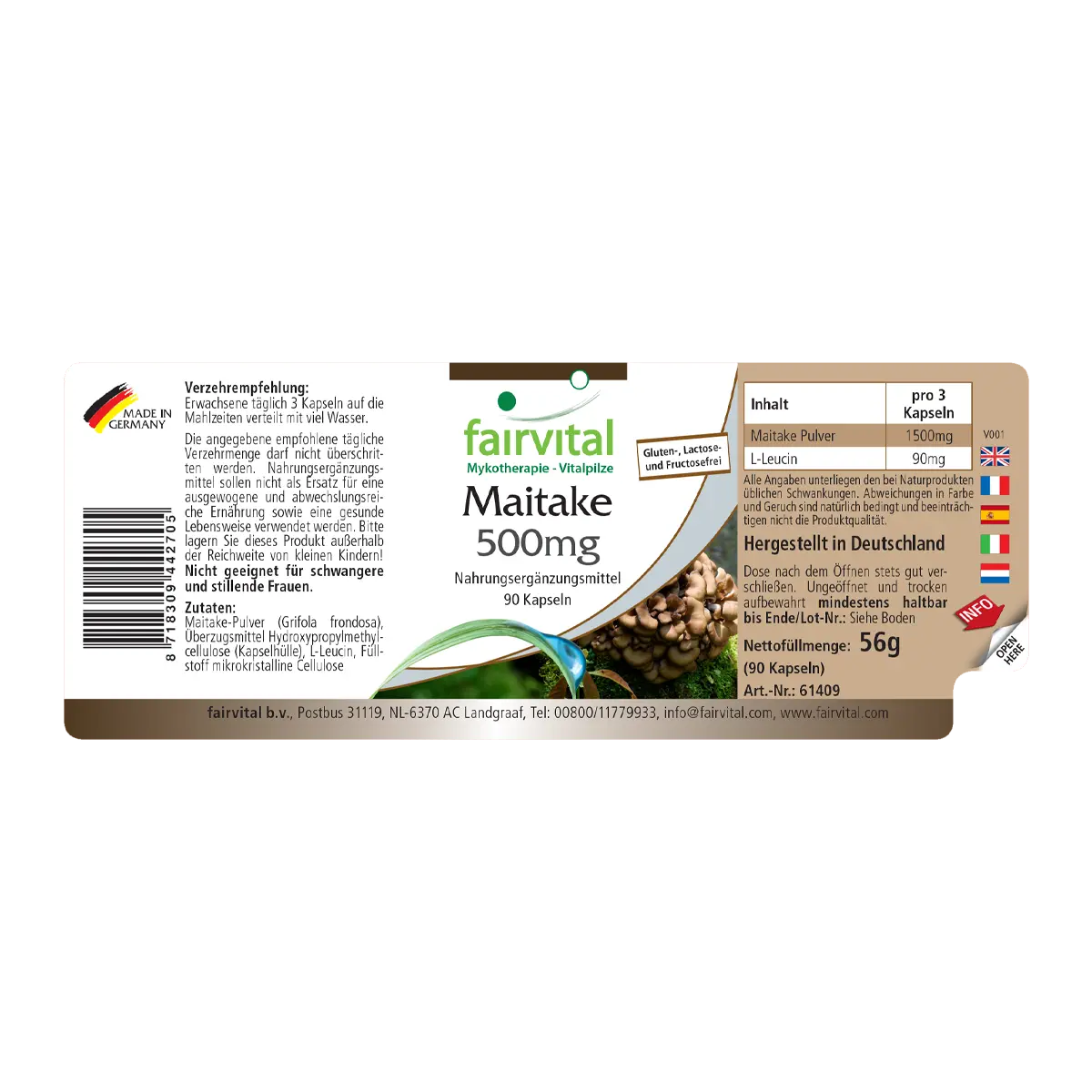 Maitake 500mg - 90 Kapseln - Grifola frondosa - Hochdosiert und Vegan | Fairvital