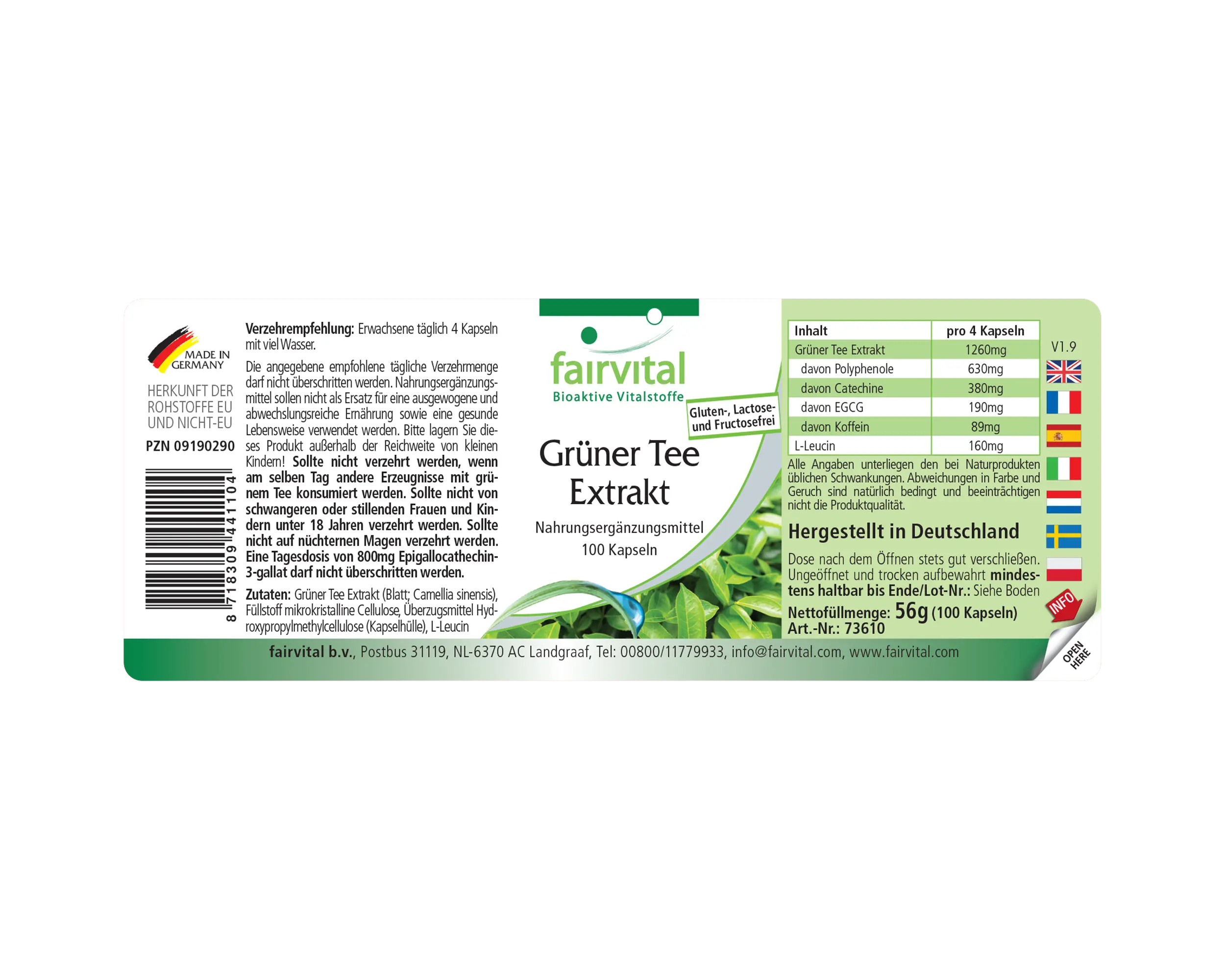 Grüner Tee Extrakt - Camellia sinensis - 100 Kapseln - Polyphenole, Catechine, EGCG & Koffein - Hochdosiert und Vegan | Fairvital