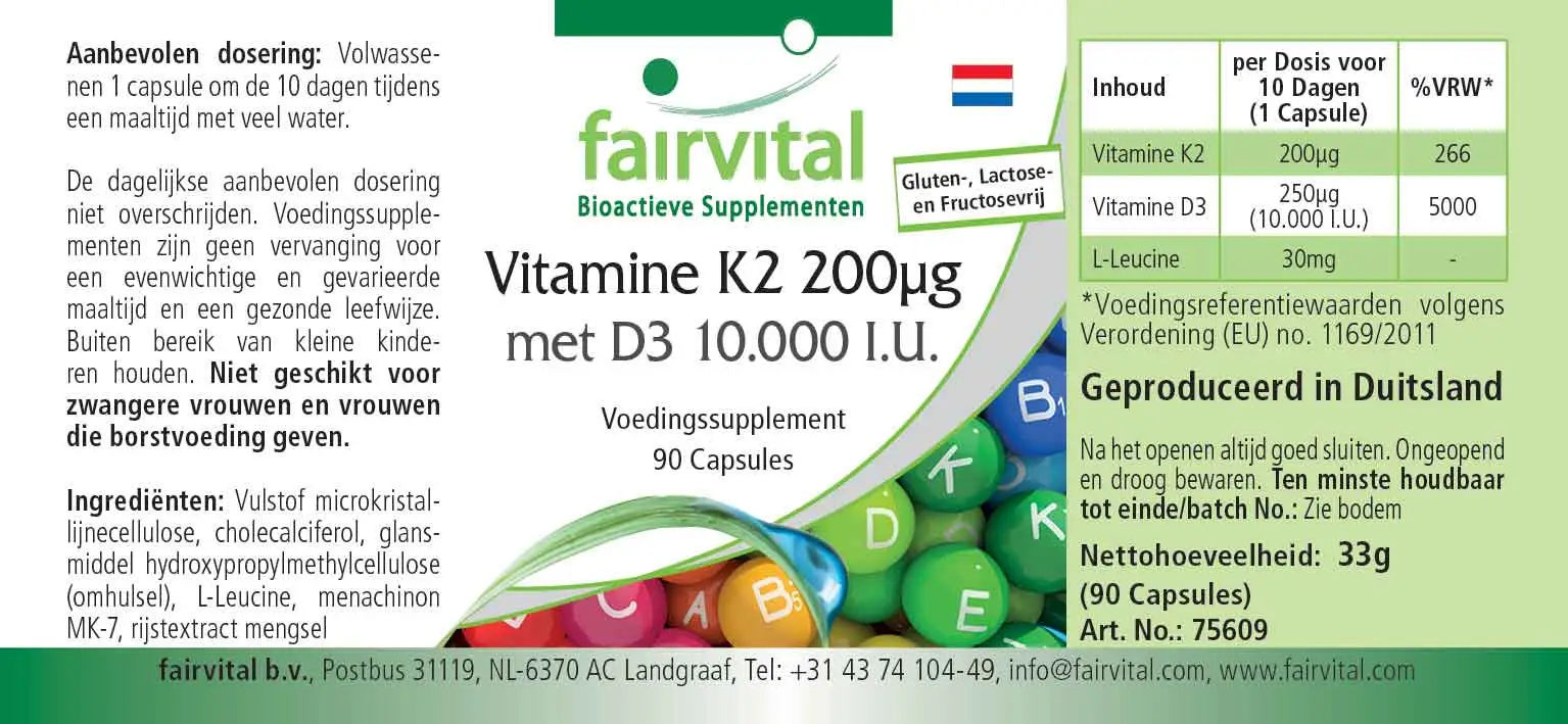 Vitamin K2 200µg mit D3 10000 I.E. - 90 Kapseln - für Knochen, Blutgerinnung uvm. | Fairvital