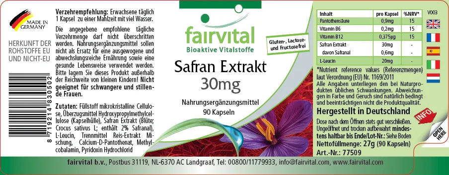 Safran Extrakt 30mg - 90 Kapseln mit Pantothensäure, Vitamin B12 uvm. - für Immunsystem, Zellteilung uvm. | Fairvital
