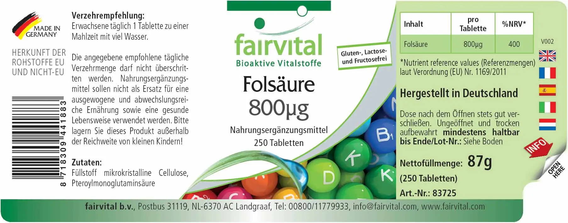 Folsäure 800µg  - 250 Tabletten - Für Kinderwunsch - Schwangerschaft & Stillzeit - Vegan | Fairvital