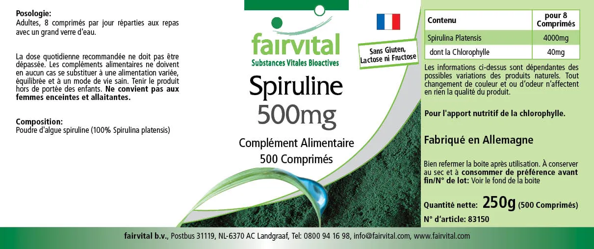 Spirulina 500mg - 500 Tabletten - Spirulina platensis - Hochdosiert und Vegan | Fairvital