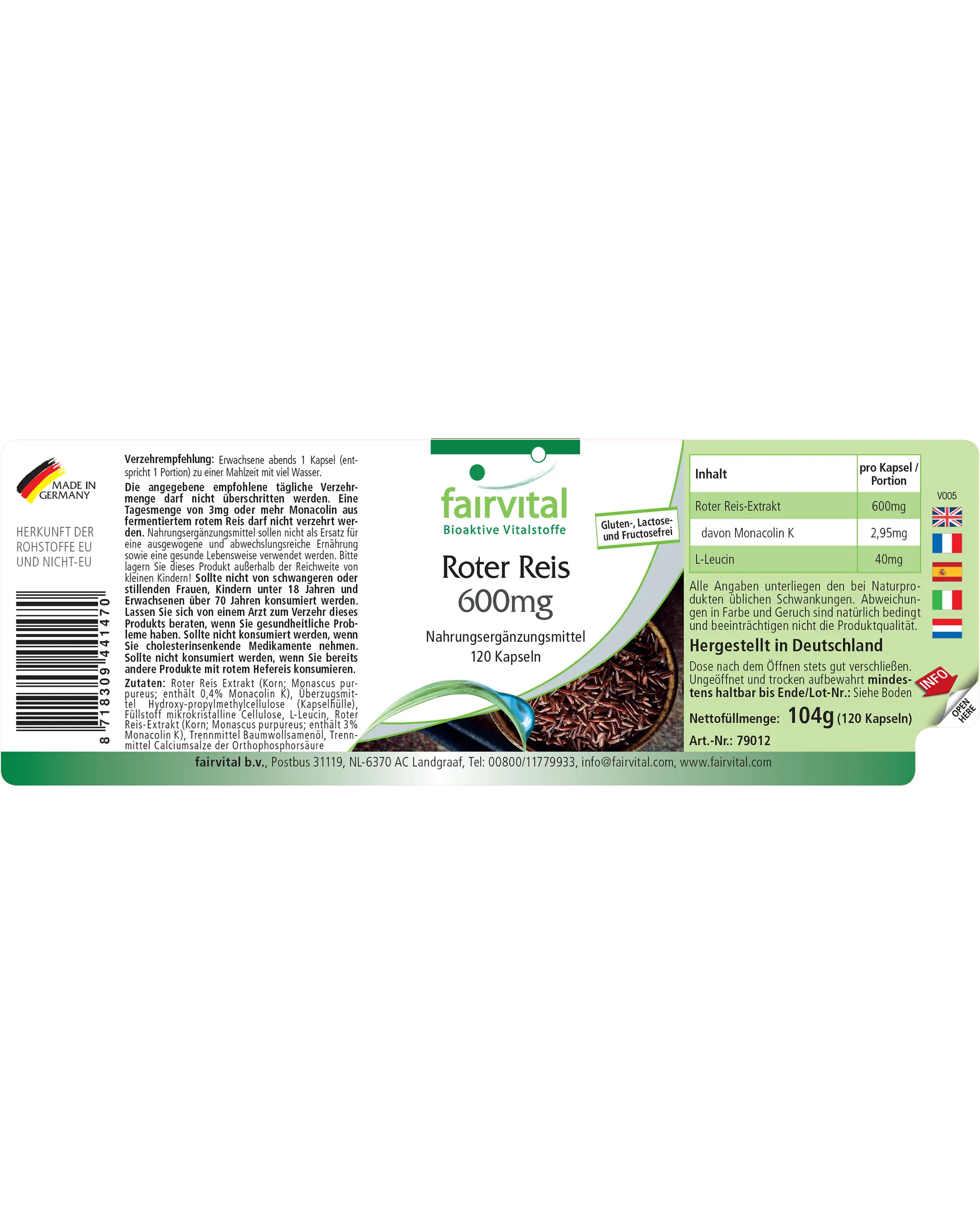 Roter Reis 600mg - 120 Kapseln - fermentiert - 2,95 mg Monacolin K - Vegan | Fairvital