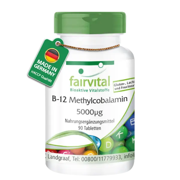 B-12 Methylcobalamin 5000µg - 90 Tabletten - mit Vitamin B12 für Immunsystem, gegen Müdigkeit uvm. - Hochdosiert und Vegan | Fairvital