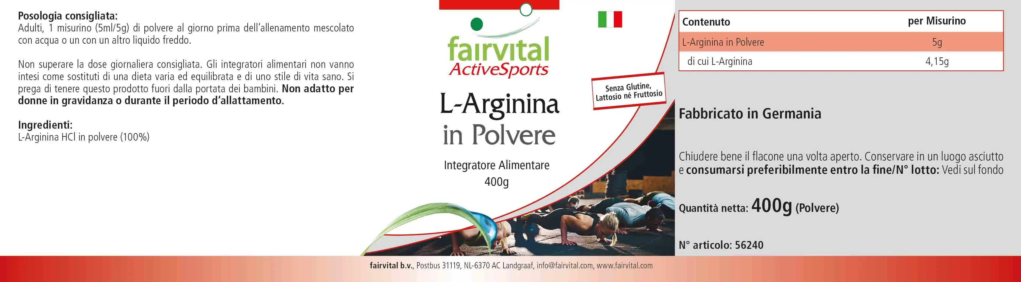 L-Arginin Pulver 400g - 100% pures L-Arginin HCL ohne Zusatzstoffe - Vegan | Fairvital