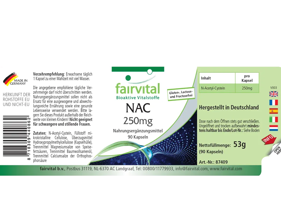 NAC 250mg - 90 Kapseln - N-Acetyl-Cystein - Aminosäure - Vegan | Fairvital