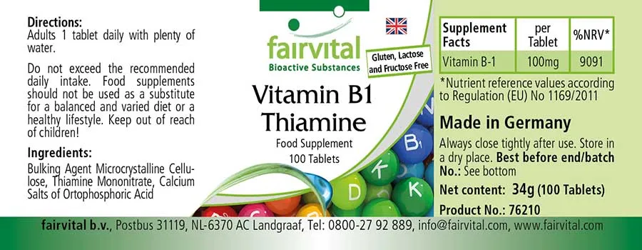 Vitamin B1 Thiamin - 100 Tabletten - für Herz, Nervensystem uvm. - Vegan | Fairvital