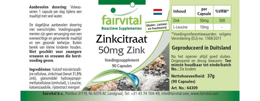 Zinkcitrat mit 50mg Zink - für Immunsystem, Haare, Haut, Sehkraft uvm. - Vegan | Fairvital