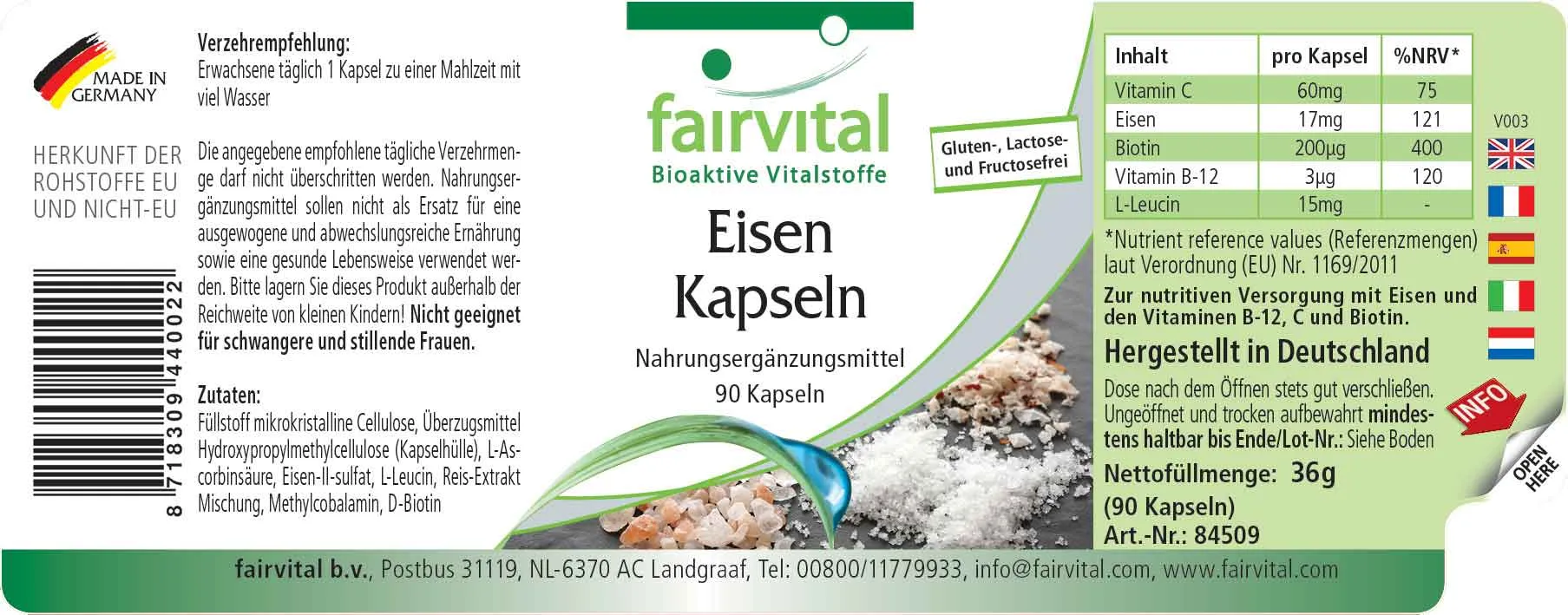 Eisen-Kapseln - 90 Kapseln - mit Vitamin C, Biotin uvm. - für Immunsystem, Haare, Haut uvm. | Fairvital