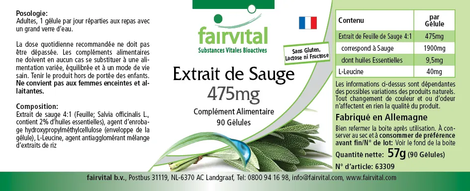 Salbei Extrakt 475mg - 90 Kapseln - 2% essentielle Öle - Salvia officinalis - Vegan | Fairvital