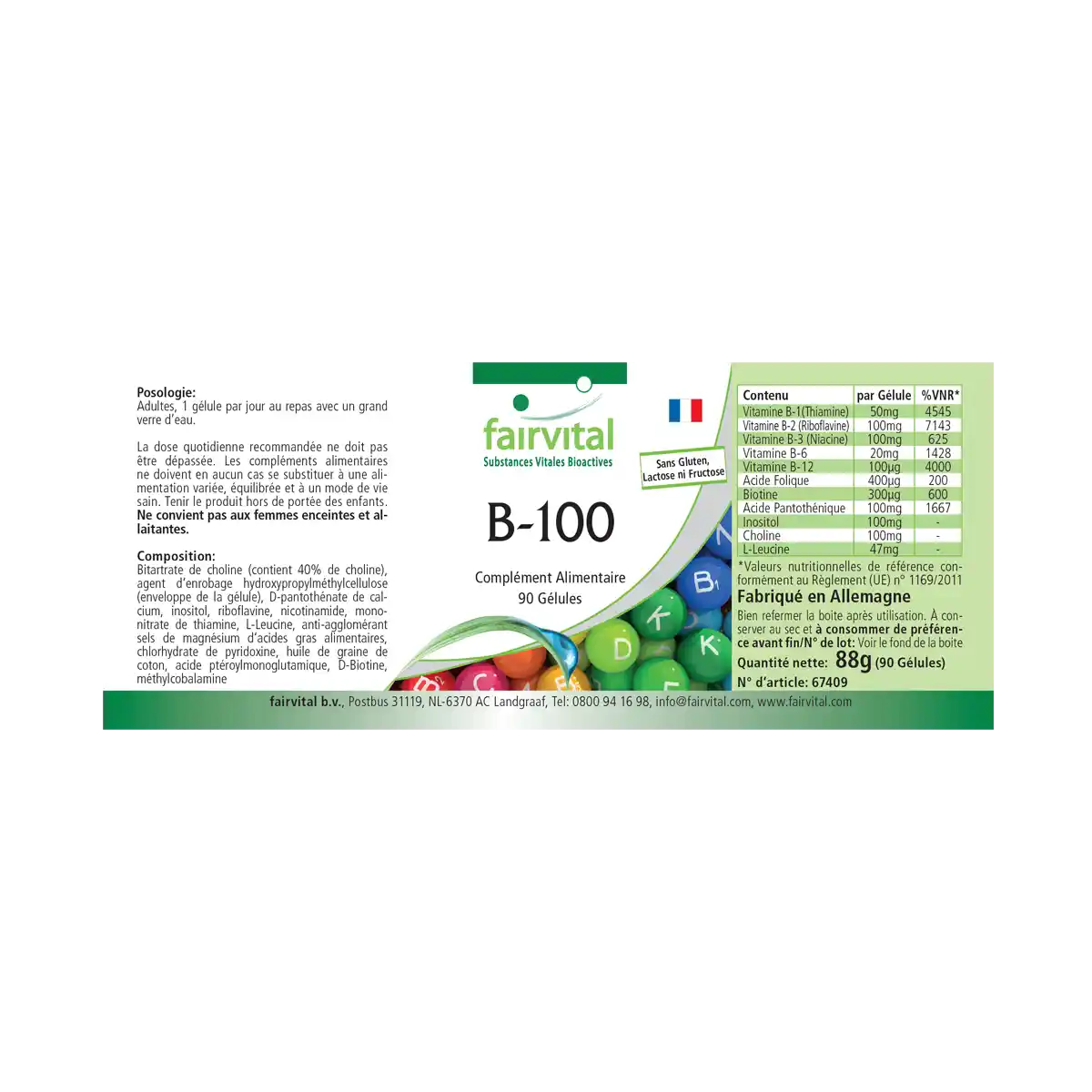 B-100 Komplex - alle B-Vitamine (B1, B2, B3, B5, B6, B7, B9, B12) für Haare, Haut ung gegen Müdigkeit - 90 Kapseln - Hochdosiert und Vegan | Fairvital
