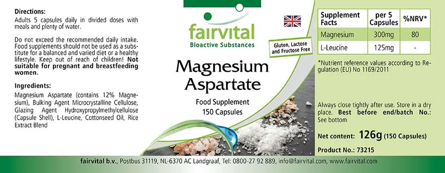 Magnesiumaspartat - 150 Kapseln - für Muskeln, Knochen, Elektrolytgleichgwicht uvm. | Fairvital