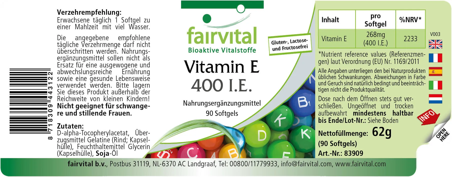 Vitamin E 400 I.E. -  90 Softgels - für Zellschutz - Hochdosiert | Fairvital