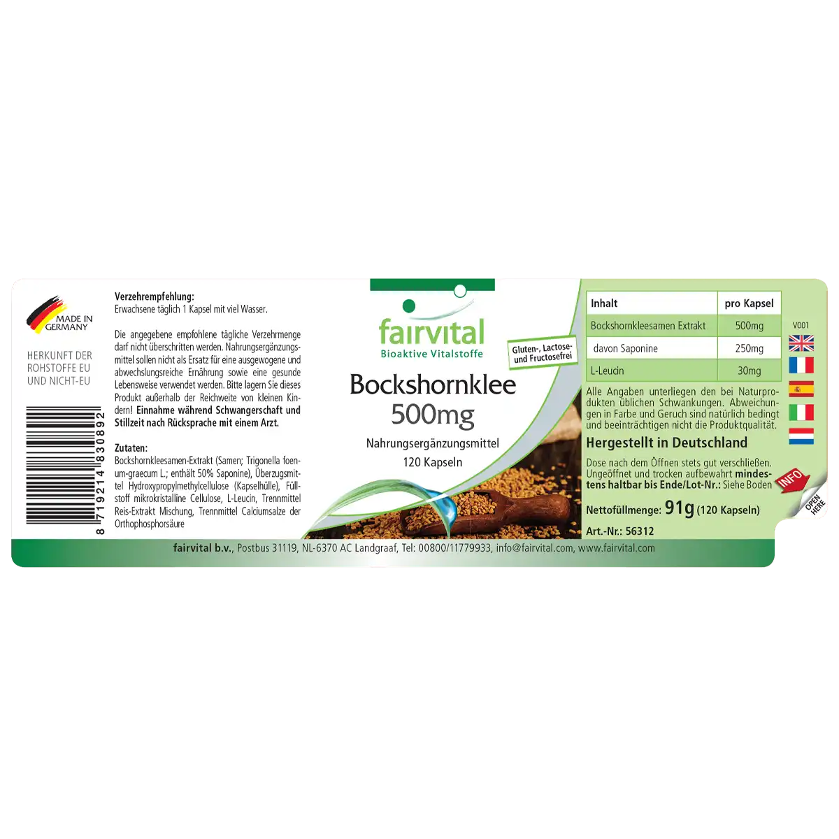 Bockshornklee 500mg - 50% Saponine -  120 Kapseln - Hochdosiert und Vegan | Fairvital