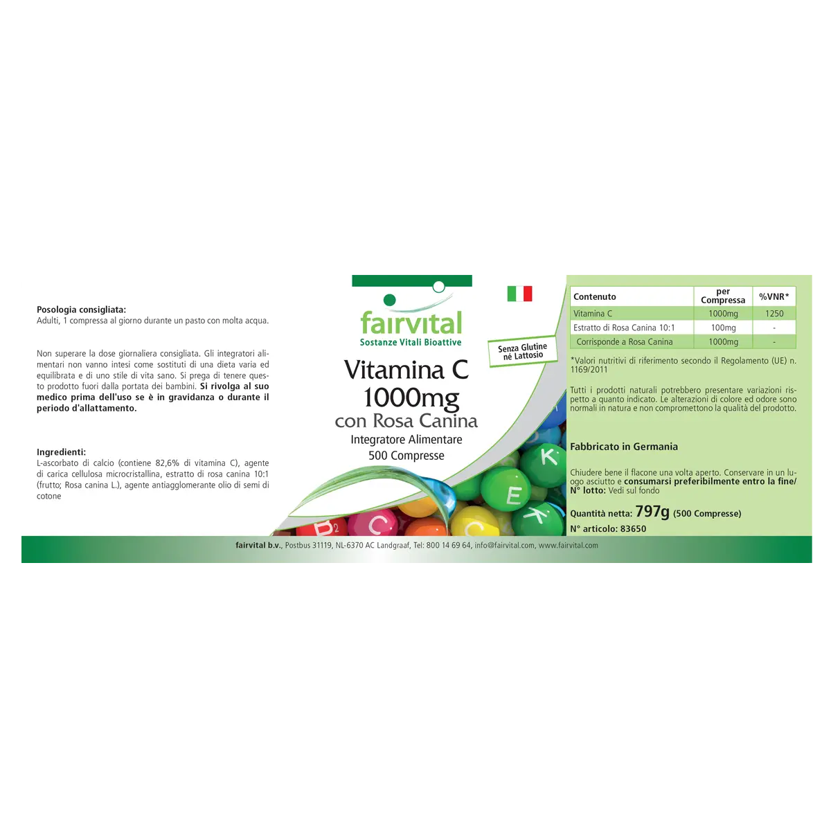 Vitamin C 1000mg mit Hagebutte - 500 Tabletten - für Immunsystem, Kollagenbildung uvm. | Fairvital