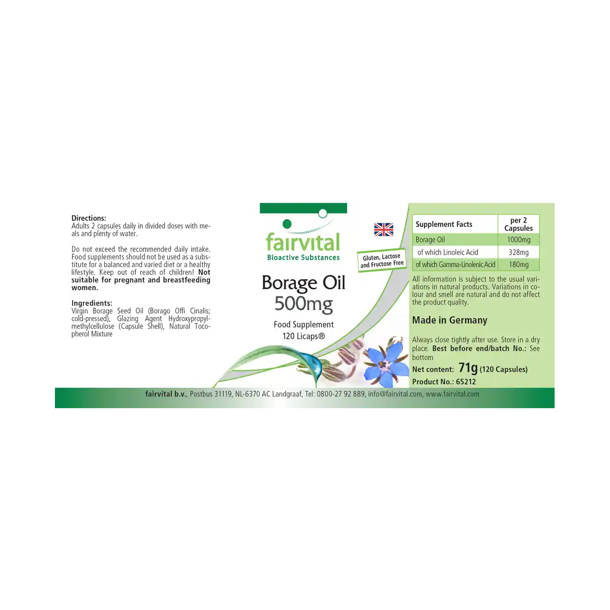 Borretschöl 500mg - 120 LiCaps® - kaltgepresst - reich an Gamma-Linolensäure (Omega-6) - Vegan | Fairvital