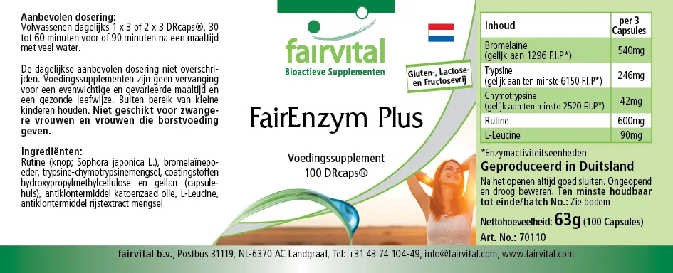 FairEnzym Plus - 100 DRCaps™ - Multi Enzym Komplex - mit Rutosid, Bromelain, Trypsin & Chymotrypsin - Hochdosiert | Fairvital