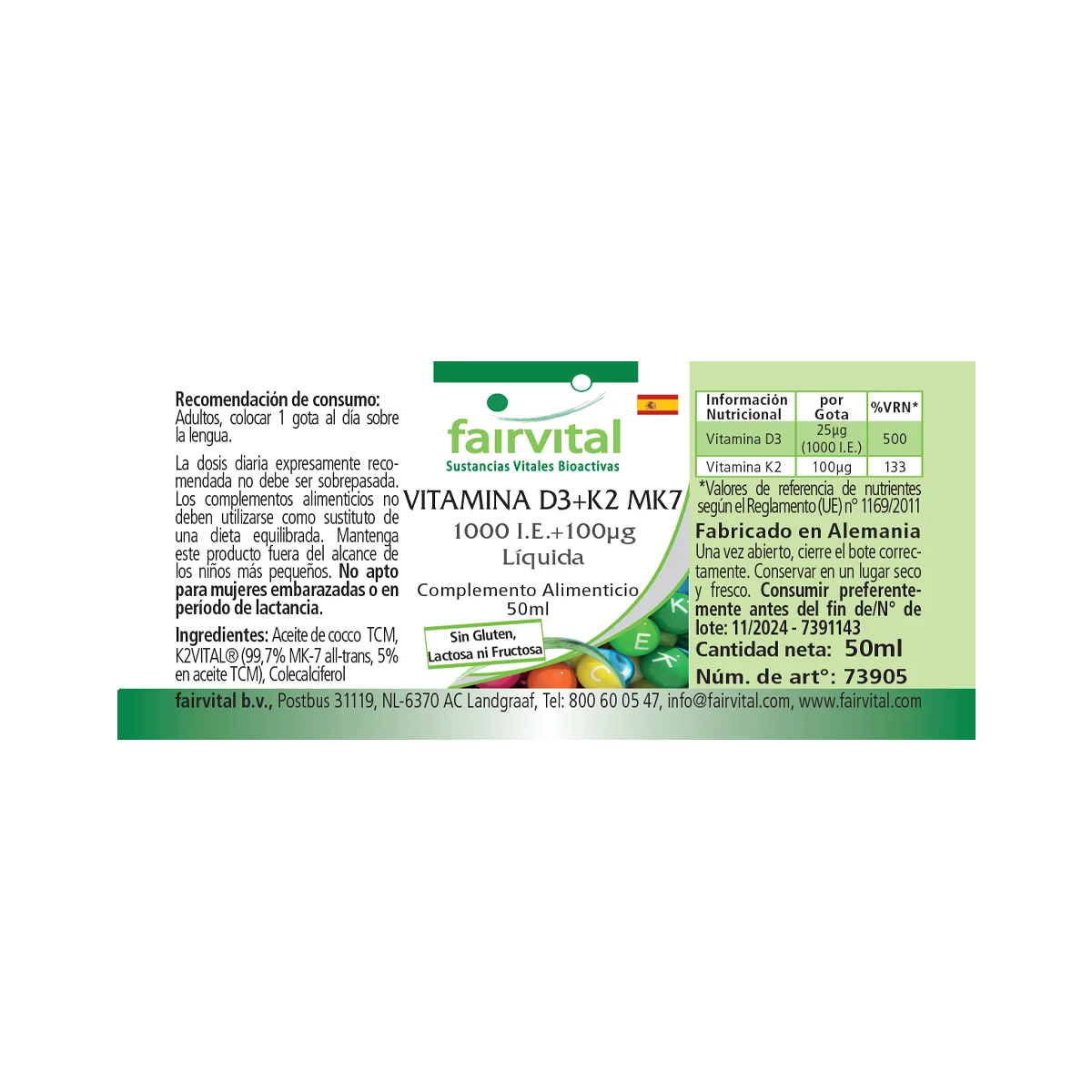 Vitamin D3 + K2 MK7 - 1000 I.E. + 100 μg - 50 ml - für Knochen, Immunsystem uvm. | Fairvital