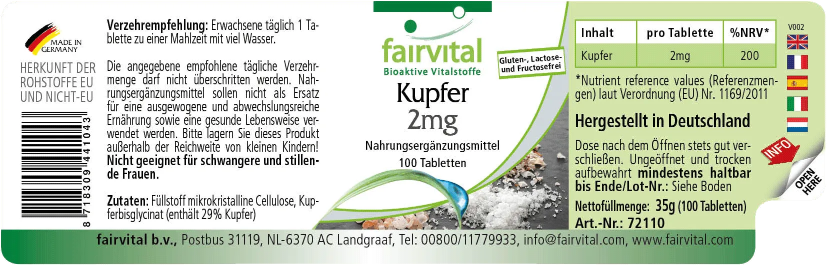 Kupfer 2mg - 100 Tabletten - für Immunsystem, Eisentransport uvm. - Vegan | Fairvital