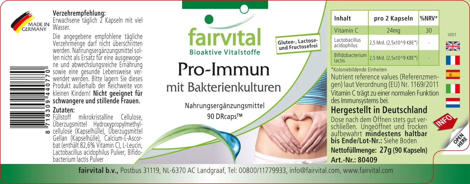 Pro Immun mit Bakterienkulturen - 90 Kapseln - mit Vitamin C - für Immunsystem, Nevensystem uvm. | Fairvital