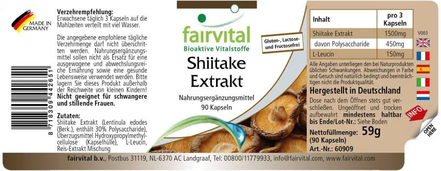 Shiitake Extrakt - 90 Kapseln - Lentinula edodes - 30% Polysaccharide - Hochdosiert und Vegan | Fairvital