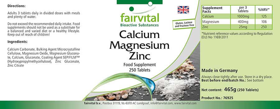 Calcium Magnesium Zink - 250 Tabletten - für Knochen, Muskeln, Immunsystem uvm. | Fairvital
