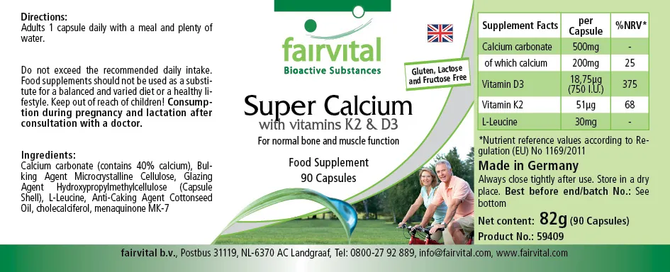 Super Calcium mit den Vitaminen K2 & D3 - 90 Kapseln - für Knochen, Zähne, Muskeln uvm. - Vegan | Fairvital