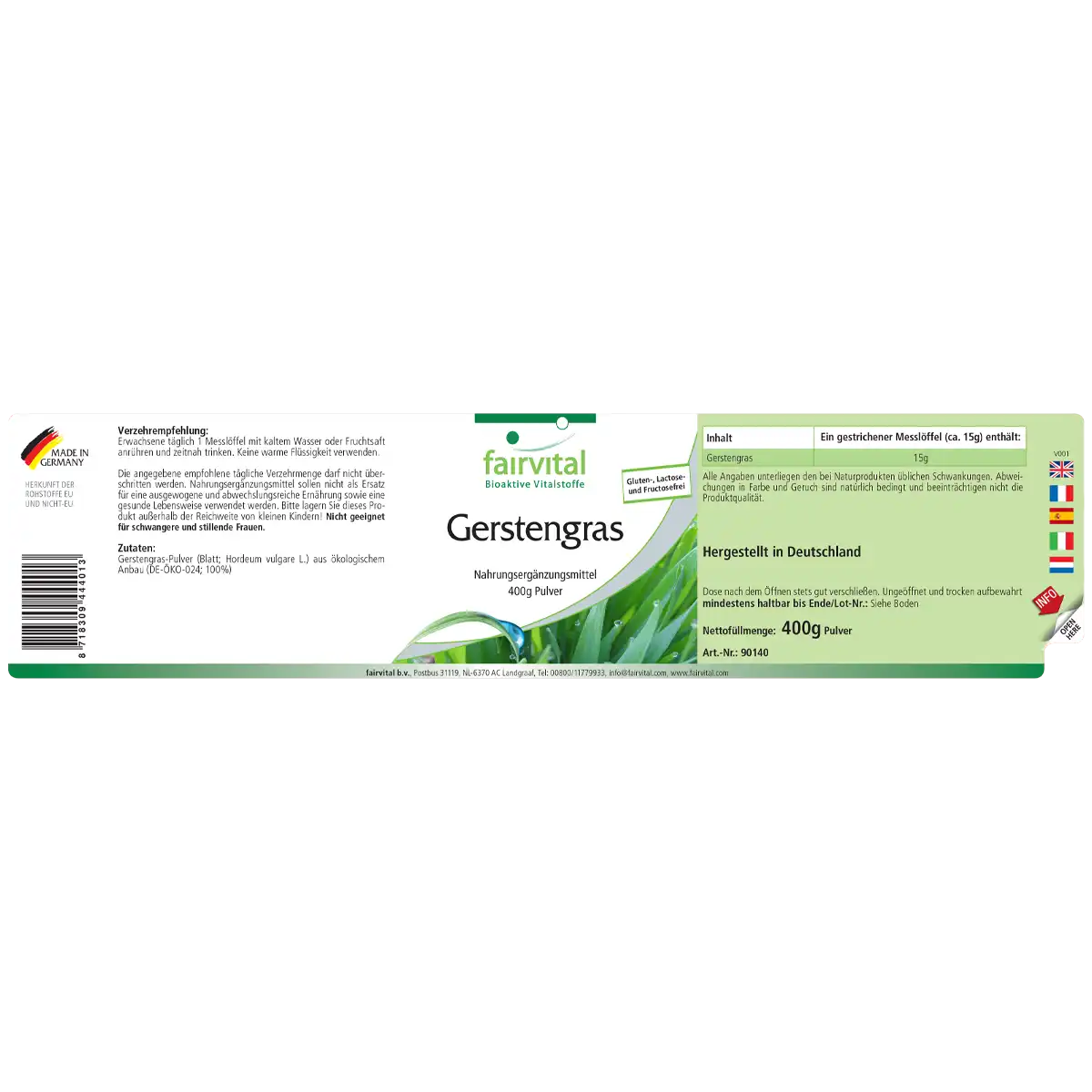 Gerstengras Pulver 400g - 1500mg pro Tagesdosis - Reinsubstanz ohne Zusatzstoffe - Hochdosiert und Vegan | Fairvital