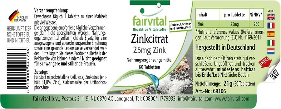 Zinkcitrat mit 25mg Zink - 60 Tabletten - für Immunsystem, Haut, Haare, Sehkraft uvm. - Vegan | Fairvital