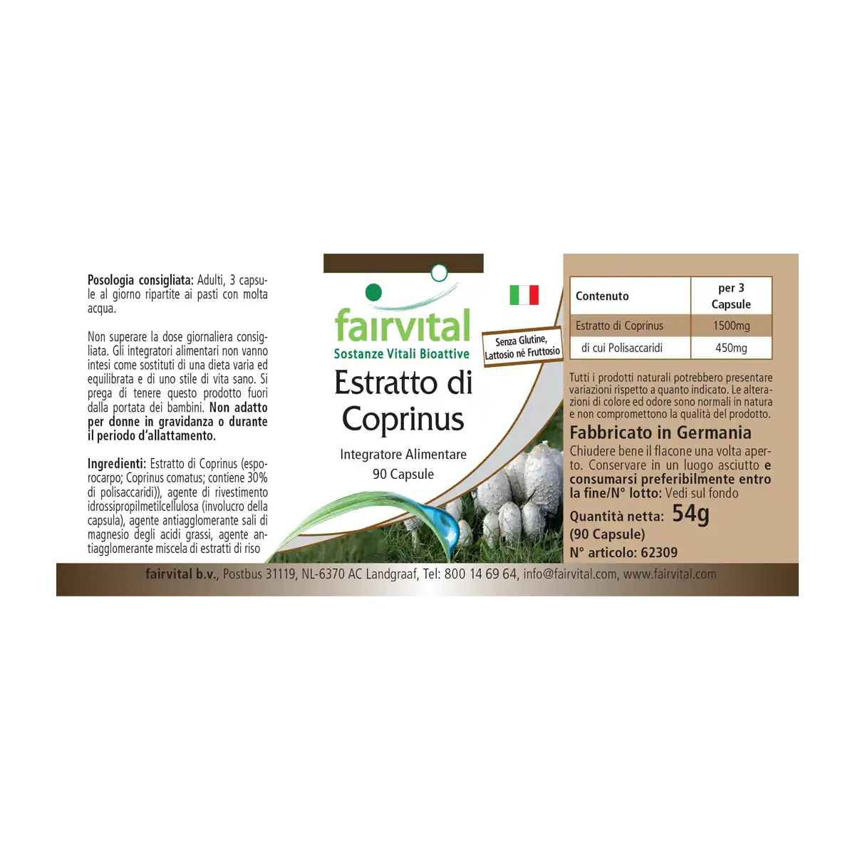 Coprinus Extrakt 500mg - 90 Kapseln - Schopftintling Kapseln - Coprinus comatus (Spargelpilz) - 30% Polysaccharide| Fairvital