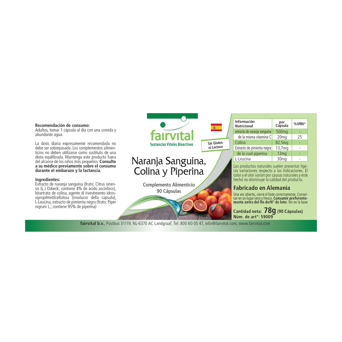 Blutorange, Cholin und Piperin 500mg - 90 Kapseln - mit Vitamin C - für Leberfunktion, Immunsystem uvm. | Fairvital