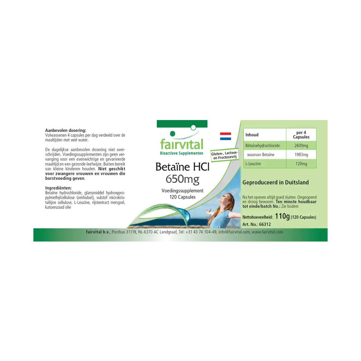 Betain HCL 650mg - 120 Kapseln - Betain Hydrochlorid Kapseln - Hochdosiert und Vegan | Fairvital