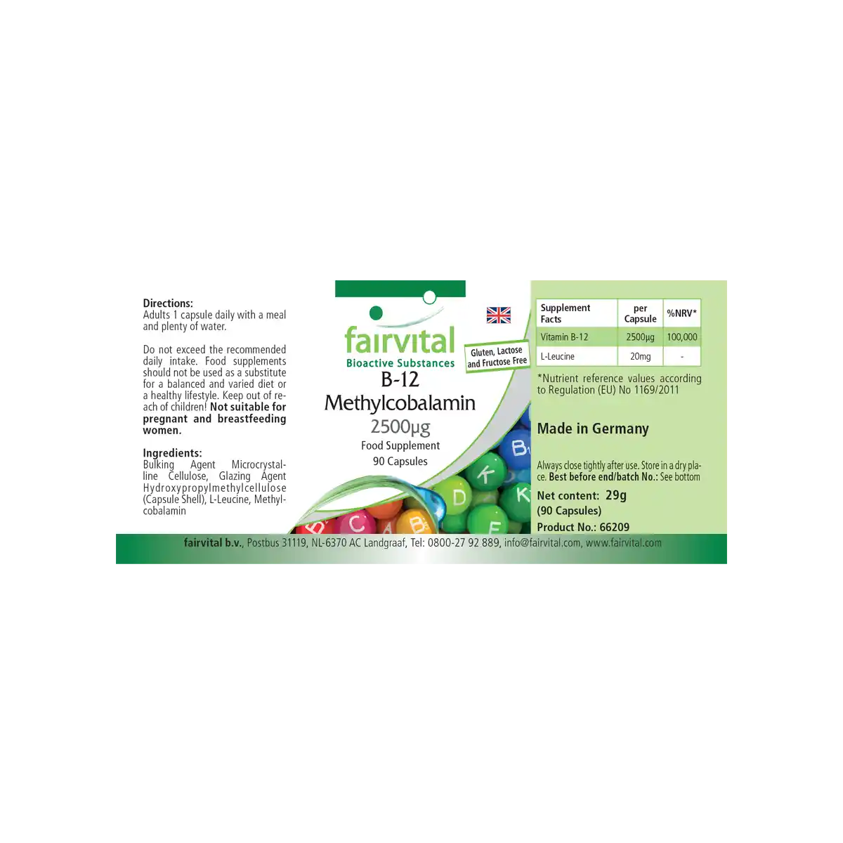 B-12 Methylcobalamin 2500µg - 90 Kapseln - mit Vitamin B12 für Immunsystem, gegen Müdigkeit - Vegan | Fairvital