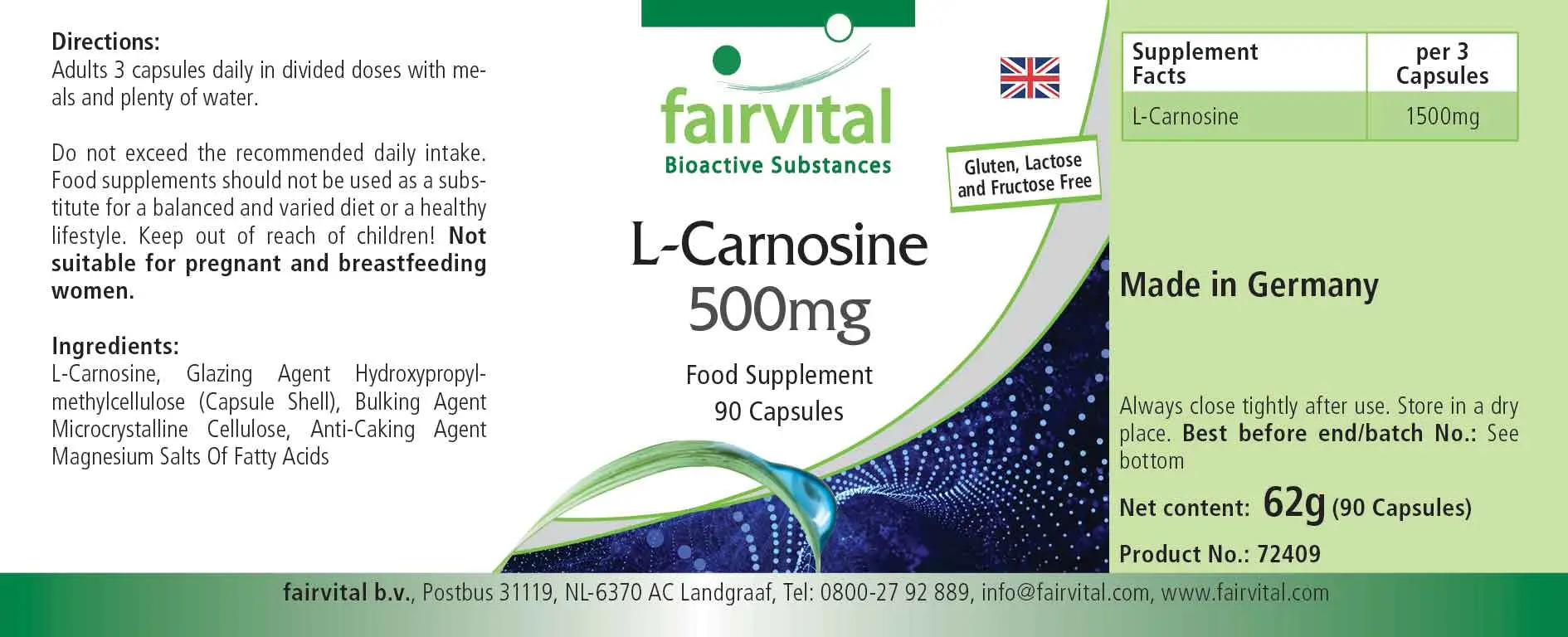 L-Carnosin 500mg - 90 Kapseln - Aminosäure - Hochdosiert und Vegan | Fairvital